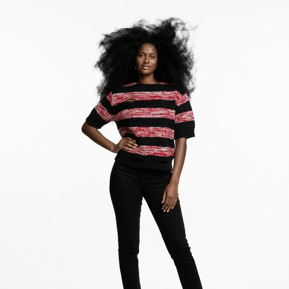 NWT POL Black and Red Striped Knit Distressed Top Size Small